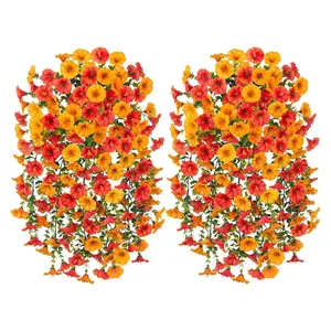 Artificial Hanging Flowers Plants for Outdoor, 2 Set Faux Hanging Violet Flowers Baskets with Eucalyptus Vines UV Resistant Realistic Fake Plants for Outside Porch Garden Yard Home Decor