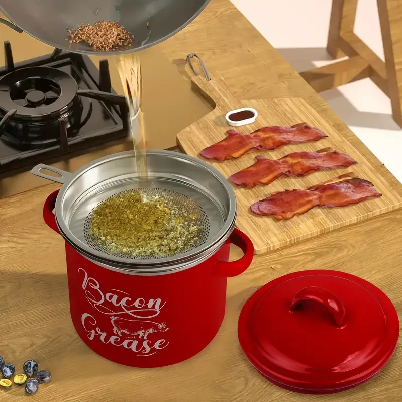 46oz Enamel Bacon Grease Container with Strainer & Silicone Spatula Farmhouse Style Design for Kitchen Dispensers Durable Enamel Build & Generous Capacity - Oil, Stainless