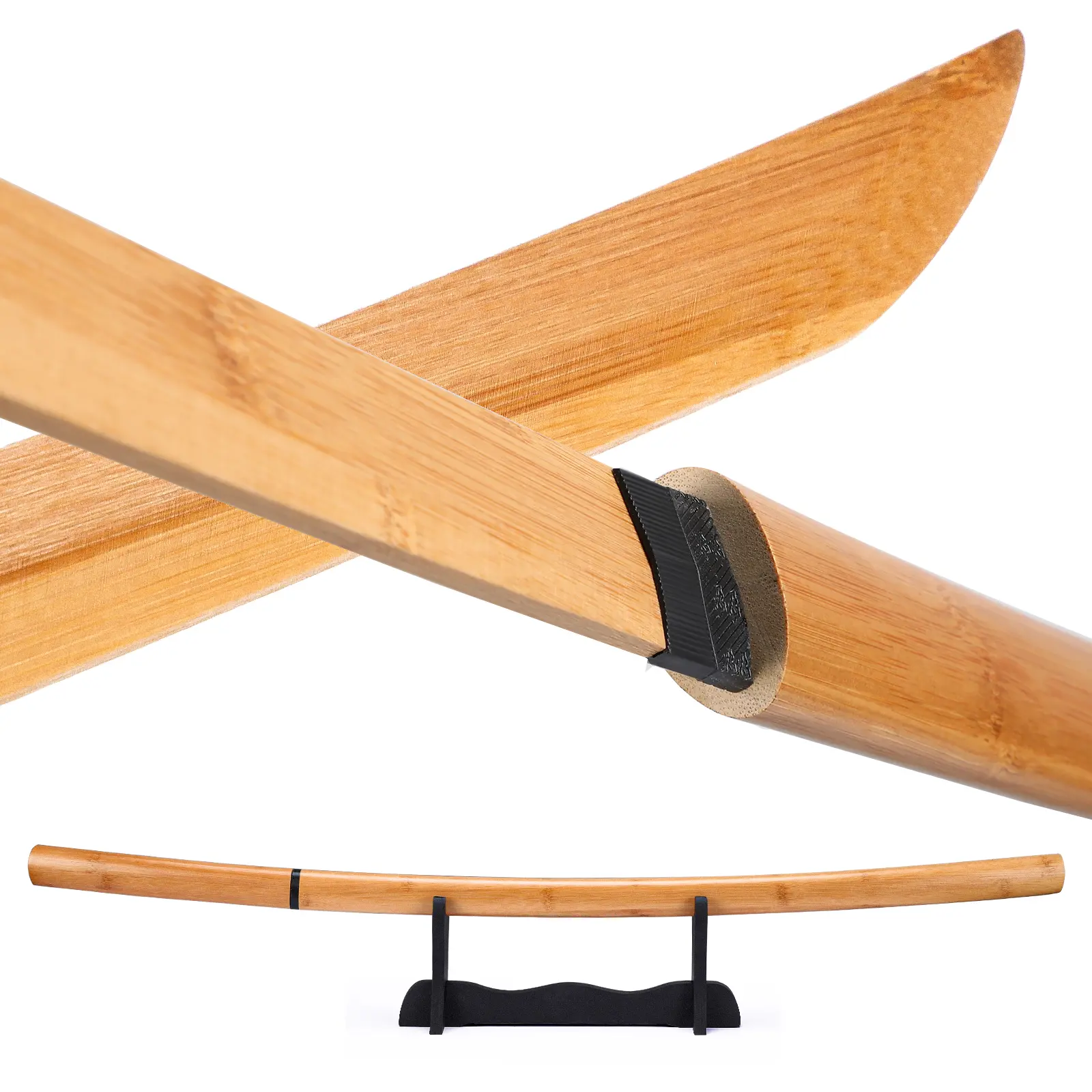Swords Republic Bamboo Practice Swords with Black Wooden Stand, Cosplay Prop Kantana about 41 Inches Original Textures for Anime, Suitable for Cosplay, Decoration,Collection, Stage Performance Gift