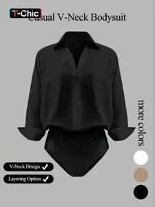 Women's casual Everyday loose V-neck long-sleeved shirt jumpsuit, Womenswear, elegant Style woven fabric, slim fit, Fitted, suitable for all seasons, and can be layered flexibly.