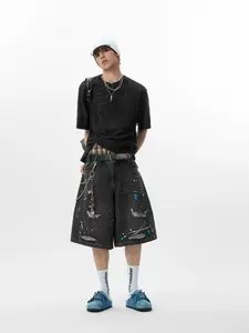 Men's Washed Denim Shorts, Summer Hip-Hop Skateboard Straight Leg Street Casual Half Pants, Loose Fit Mid Waist Zipper Fly