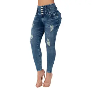 Tiki Jeans Women's High-Waist Stretchy Slim Soft Distressed Blue Denim Pants - Comfortable, Fit Clothes, Butt-Lifting Skinny Bottoms, Elastic Waist, Button Closure, Lightweight Fabric, Heart Pocket, Style TK463