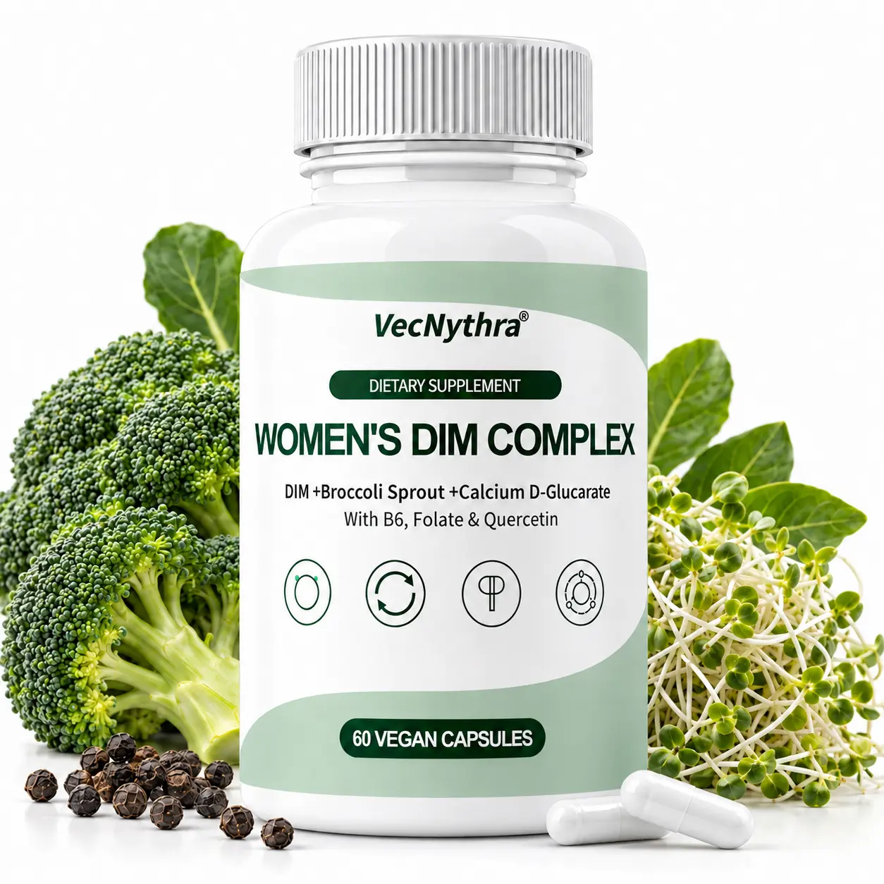 VecNythra DIM Supplement 200mg for Women, Daily Hormone Balance & Antioxidant Wellness Formula with Calcium D-Glucarate, Broccoli Sprout Extract, Quercetin, Vitamin B6 & Folate, 7-in-1 Formula, 60 Capsules