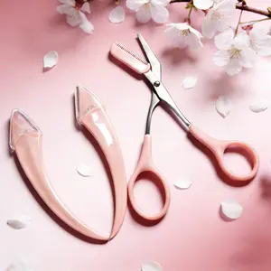 Salon Quality Bathroom Eyebrow Trimmer Kit, Pink Razor+Scissors+Eyebrow Trimmer Set, No Cuts Gentle Trimming Hair Cutting Kit Brush