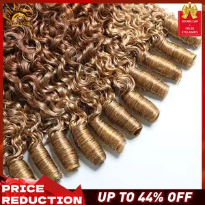Burmese Curly Honey Blonde Bundles Human Hair Water Wave with Spiral Human Hair Bundles Human Hair Bundles Ombre Honey Real Human Hair Unprocessed Burmese Raw Hair Extension Brown Colored Curly Quick Weave Bundle  Human Hair Weft Extensions