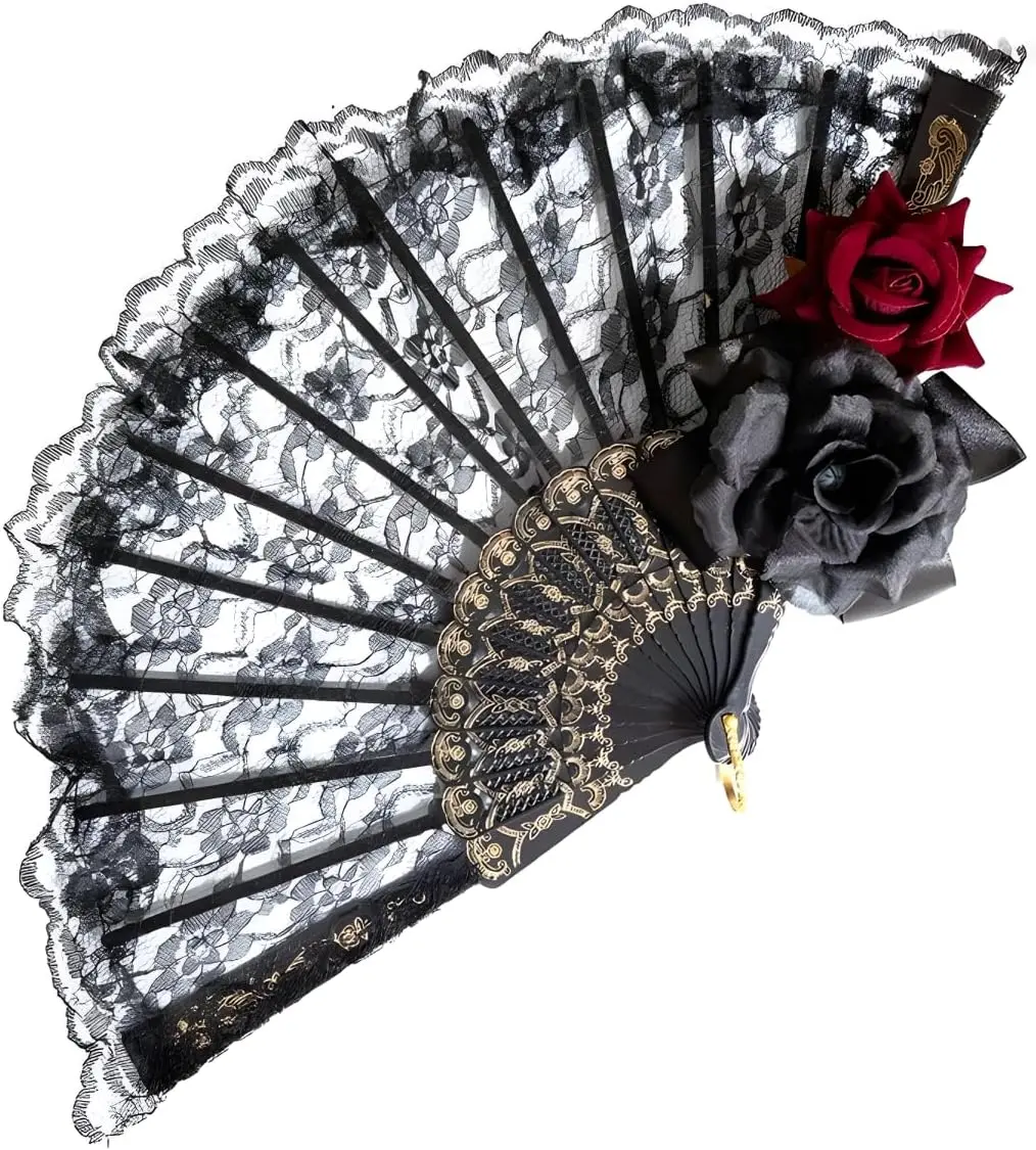 Halloween Black Hand Fan Lace Rose Handheld,  Retro Flower Spanish Large Folding Fan for Women Girls Halloween Party  Costume Photo Props, Party Performance, Dance, Decorations,