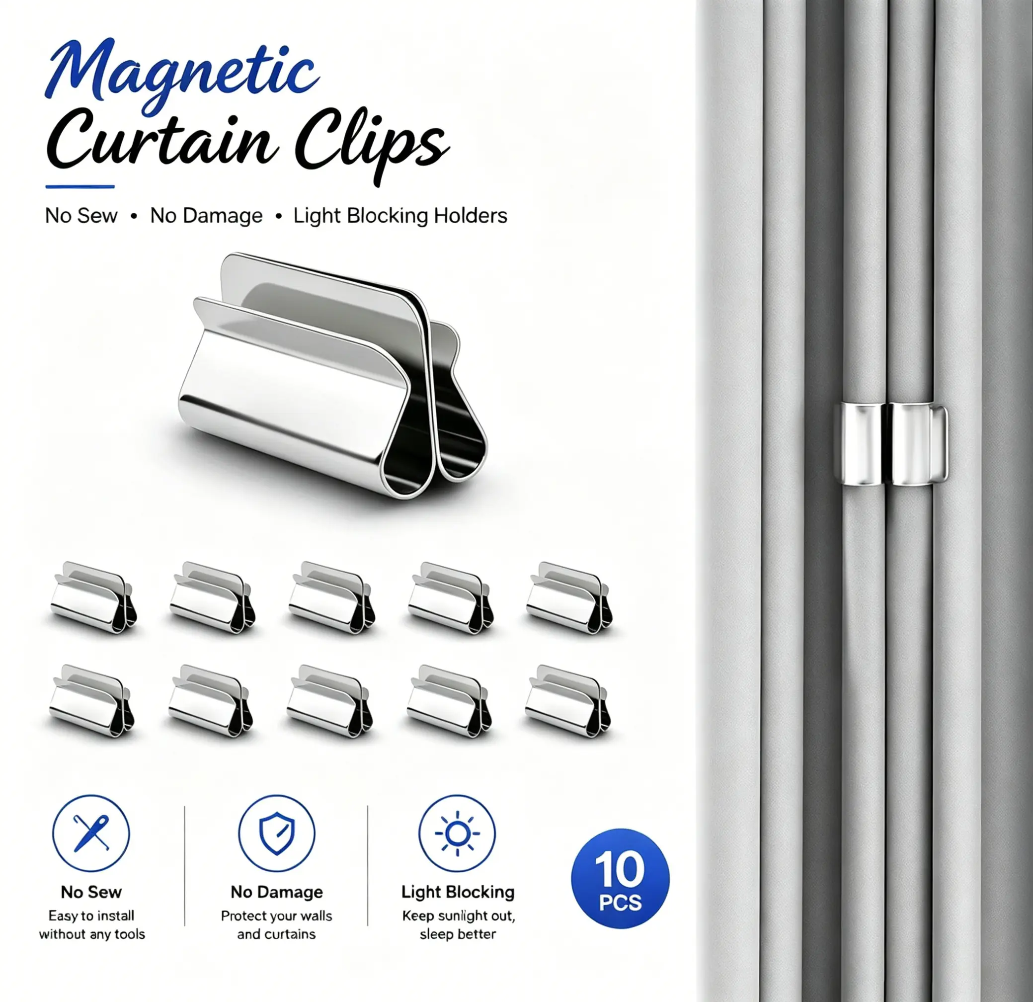 10 Pairs Magnetic Curtain Clips, Double-Sided Light Blocking Magnetic Clips, No-Pin No Damage Curtain Fasteners for Blackout Curtains, Shower Liners, Bedroom and Office Use
