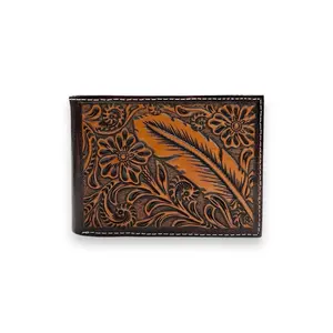 Ariat Men’s Bi-Fold Wallet – Brown Leather with Floral Embossing & Feather Design