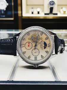 Luxury Gift Men's Automatic Mechanical Skeleton Tourbillon Moon Phase 24-Hour Display Diamond-Encrusted Case Openwork Design Leather Strap Business Watch for Men Premium Men