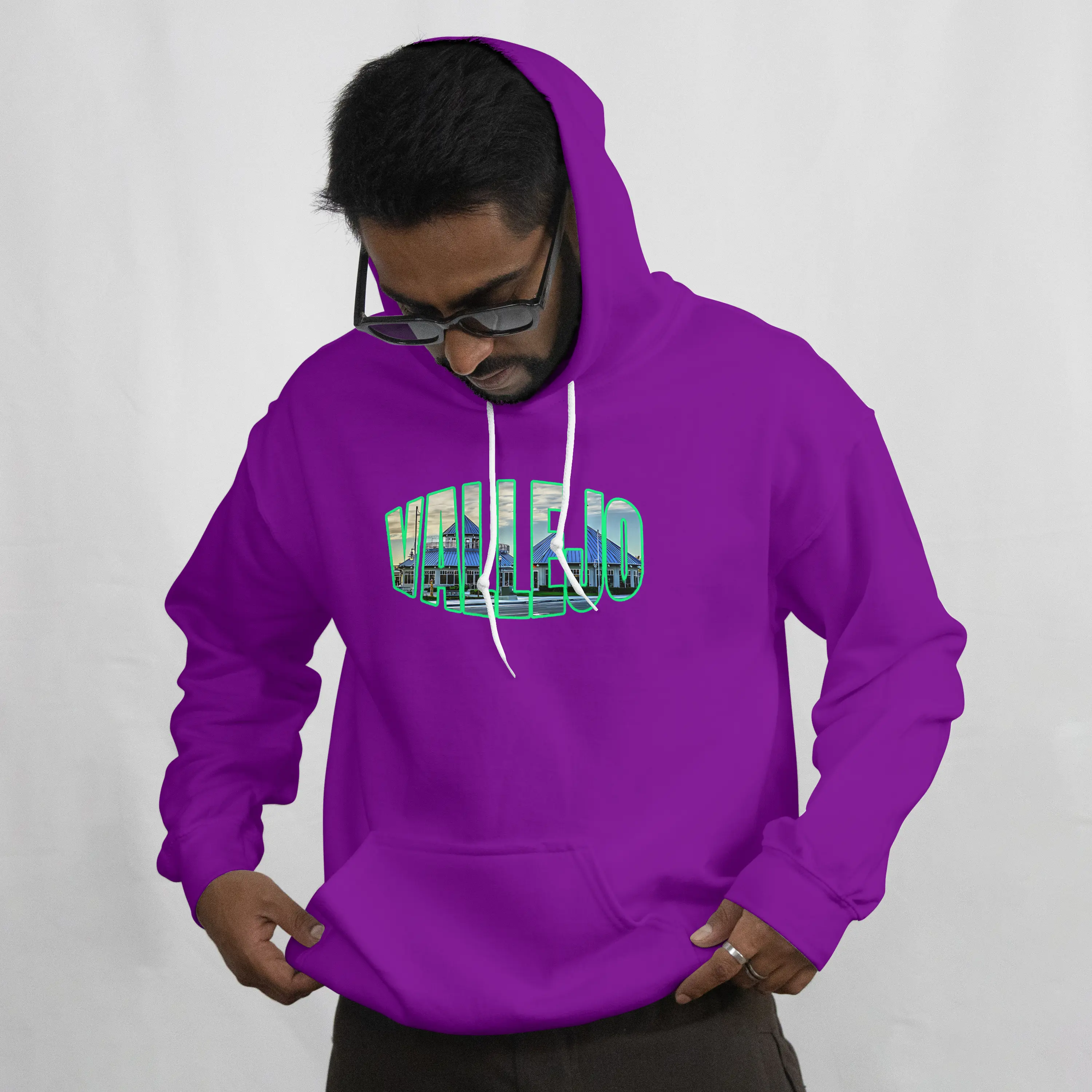 Vallejo Waterfront HOODIES with GLOW IN THE DARK OUTLINE Purple Hoodie for Men Women Vallejo Waterfront Design Comfortable Fit Ideal for Casual Wear and Theme Events