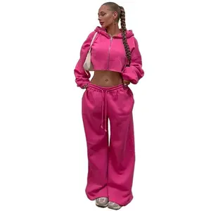 Women's Solid Zip Up Crop Drawstring Long Sleeve Hoodie & Drawstring Waist Sweatpants Two-piece Set, Casual Fashion Cozy Breathable Two Piece Outfits for Daily Outdoor Wear, Women Clothes for Fall & Winter, Lady Matching Outfits, Womenswear