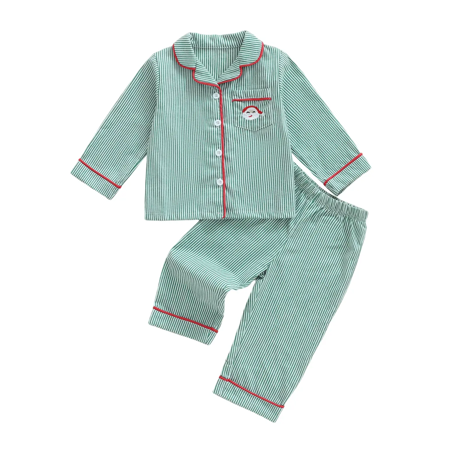 Babamoon Toddler Baby 2-Piece Christmas Sleepwear Set - Santa Claus Striped Embroidery Long Sleeve Button-Down Shirt & Pants for Boys, Girls, Long Sleeve Tops