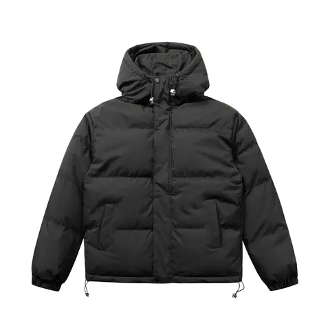 Men's Basic Casual Oversized Streetwear Hooded Down Jacket - Solid Color Polyester Winter Coat with Thickened Zipper, Patch Pockets