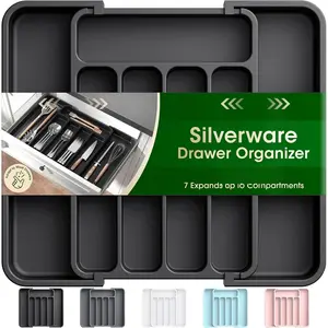 Silverware Organizer - Expandable Kitchen Drawer Organizer, Adjustable Utensil Organizer, Cutlery Drawer Organizer for Forks, , Multipurpose Kitchen Organizers and Storage Solution, Black