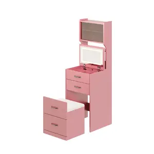 Garvee 3-in-1 Vanity Desk with 3 Color LED, Compact Makeup Vanity Set with 2 AC Outlets & USB, Dressing Table with Drawers & Acrylic Doors, Nightstand Vanity Mirror, Jewelry Box, Cushioned Hidden Chair