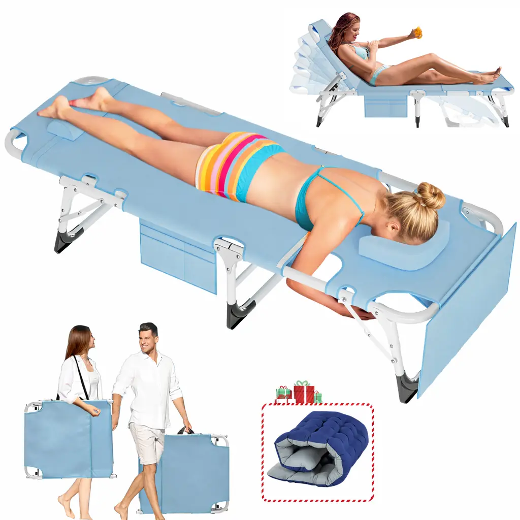 ABORON Sun Tanning Chair, Beach Chair 5-Position Lounge Chair Adjustable Heavy Duty Patio Folding Chaise for Outdoor Poolside Lawn Camping with Mattress