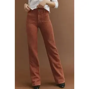 Brown High Waist Square Pockets Corduroy Pants Can be used with raincoat
