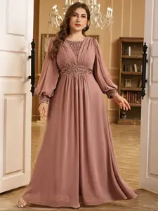 Elegant Round Neck Long Sleeve Mermaid Dress, Ruched Front Beaded Waist Design, Perfect Evening Gown for Special Occasions