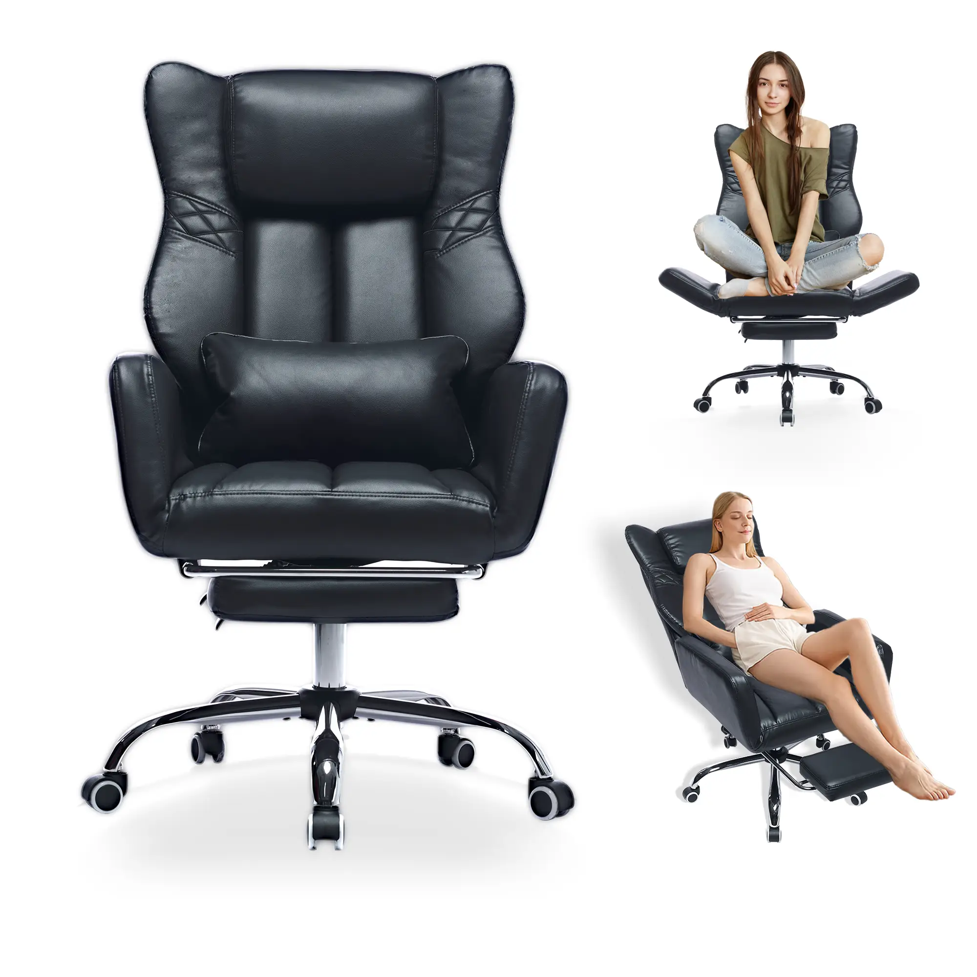 Criss Cross High Back Office Chair with Foot Rest, Ergonomic Cross Legged Desk Chair with Resivable Armrest, Comfortable Reclining 155°Swivel Chair fo