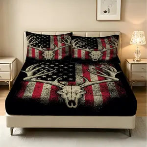 3Pcs Deer Skull Printed Fitted Sheet Set, American Retro Bedding, Soft Polyester with Deep Pocket, Fade Resistant & Machine Washable, All Season Perfect for Bedroom Dorm Decor