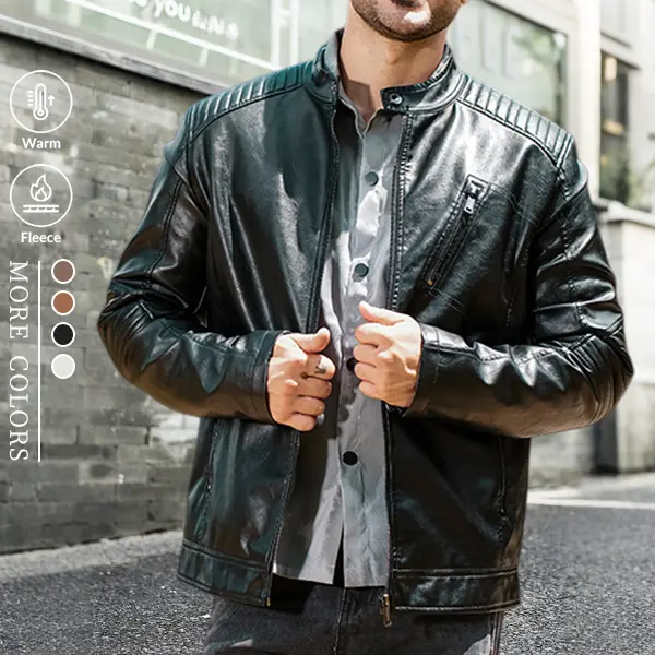Men's Motorcycle Style Leather Jacket with Fleece Lining, Thick Warmth, Stand Collar Design, Vintage Stitching, Multiple Zipper Pockets, Trendy Streetwear for Autumn and Winter Casual Wear