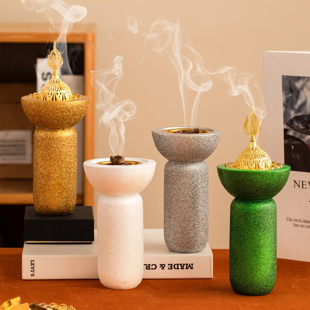 Luxurious Resin Incense Burner with Sequins, Aromatherapy Diffuser for Living Room, Bedroom, Office, Hotel, Yoga Studio Decor