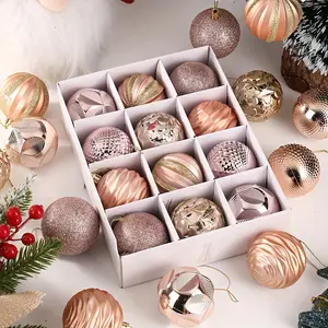12pcs Christmas Party Decorations Set, Hanging Ornaments, Painted Balls, Plastic Baubles, Festive Holiday Accessories, Gift Box Included