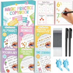 6 Pack Magic Grooved Writing Practice Books with Disappearing Ink Pens Reusable Magical Handwriting Workbooks for Kids Calligraphy Practice Books for Preschool Kindergarten Kids Ages 3-8
