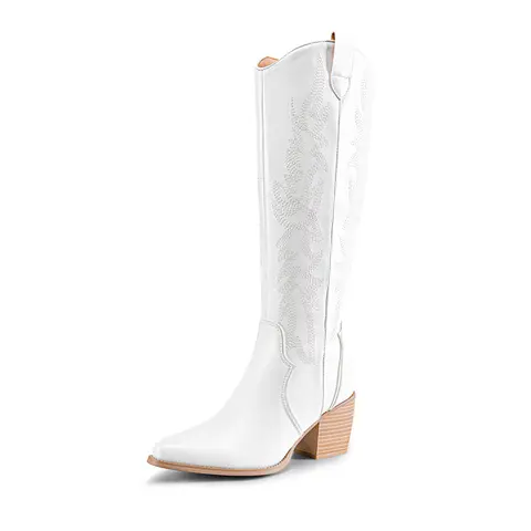 Dream Pairs Women's Western Embroidered Beads Knee-High Cowboy Boots - Footwear for Women, Quick On, Zipper Entry, Chunky High Heel, Pointed Toe, Retro Style Walking Shoes, Ideal for Country Concert Outfits