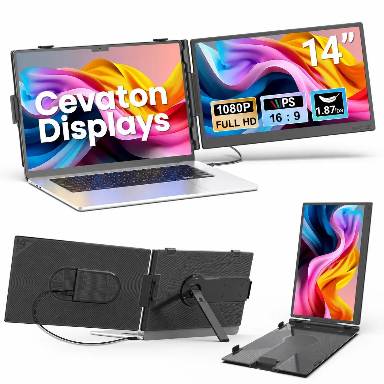 Cevaton 14" FHD 1920x1080p IPS Panel Portable Monitor, Lightweight Computer Monitor, Laptop Screen Extender with Adjustable Angle, Single External Display for 13.3"-17.3" Devices, USB-C Video or HDMI + Power via Cable, Windows/MacOS Compatible