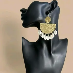 21/CALABASH: 100% Handmade Natural Sea Cowries Shells Statement Earrings with Gold Brass Metal good for all occasions, Hypoallergenic safe no Skin Irritation .