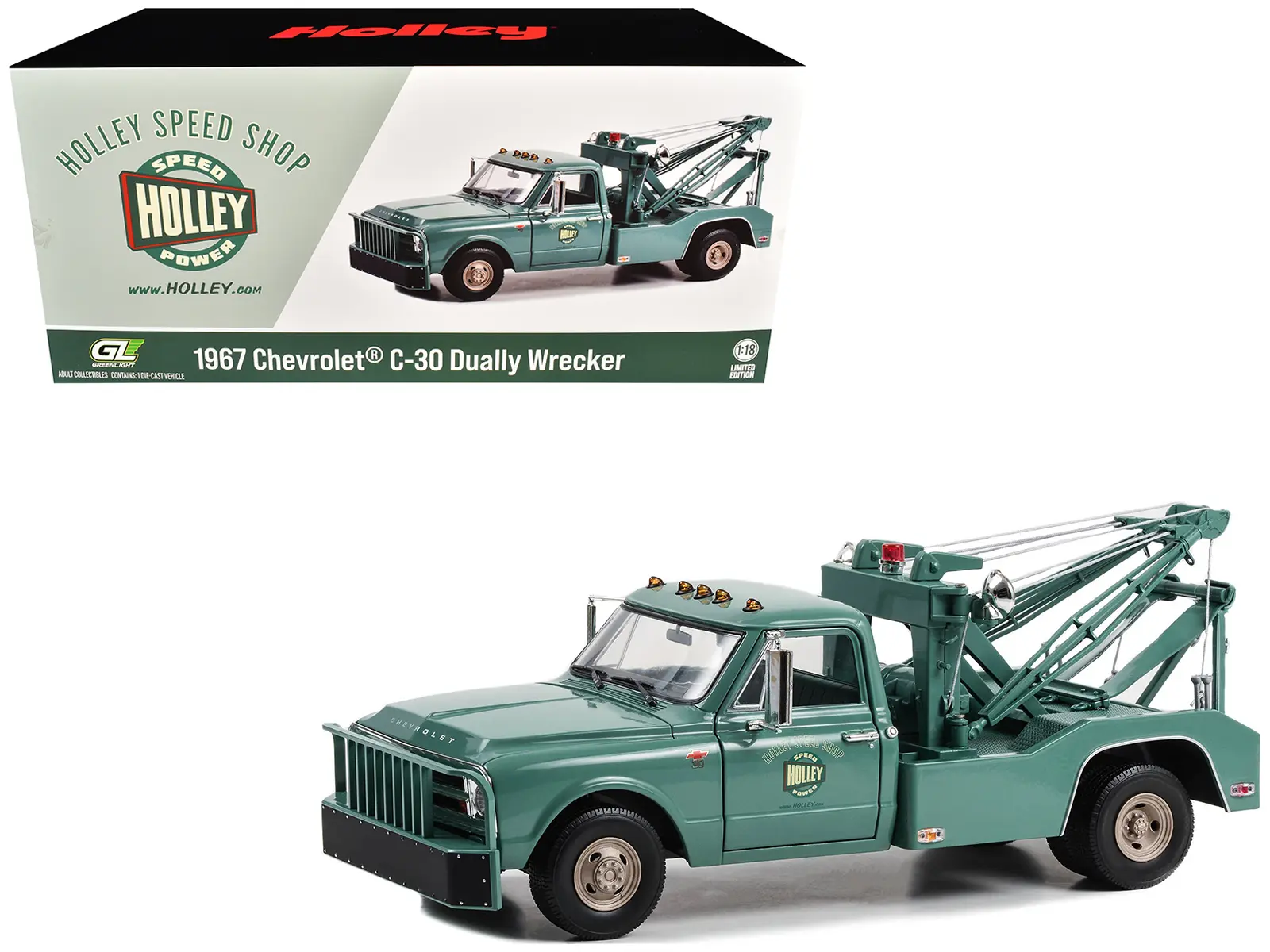 1967 Chevrolet C-30 Dually Wrecker Tow Truck "Holley Speed Shop" Green 1/18 Diecast Model by Greenlight