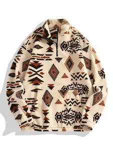 Aztec - Patterned Sherpa Half - Zip Pullover, Trendy Ethnic - style Streetwear, TikTok - Popular Fashion Item