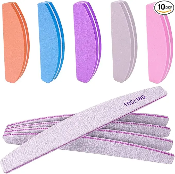 10 Pack Nail File and Buffer Set Double Sided 100/180 Grit Buffer Blocks & Half Moon Nail Files for Acrylic Gel & Natural Nails Fingernail Emery Boards Manicure Pedicure Nail Care Tools
