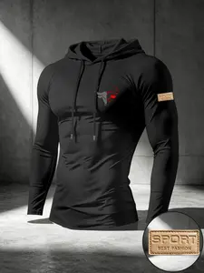 Men's Sporty Long Sleeve T-Shirt, H-Type Fitted Design, Bull Print, Ideal for Running, Fitness, Basketball Training