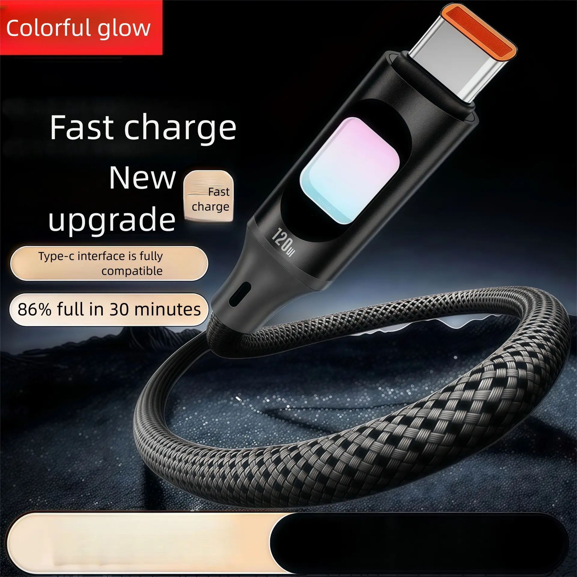 USB a to C Fast Charging Cable, 66w 6a 6.6ft USB-C with LED Display, Nylon Braided 480mbps USB-C for iPhone 15 Pro Max Samsung Lg Blue