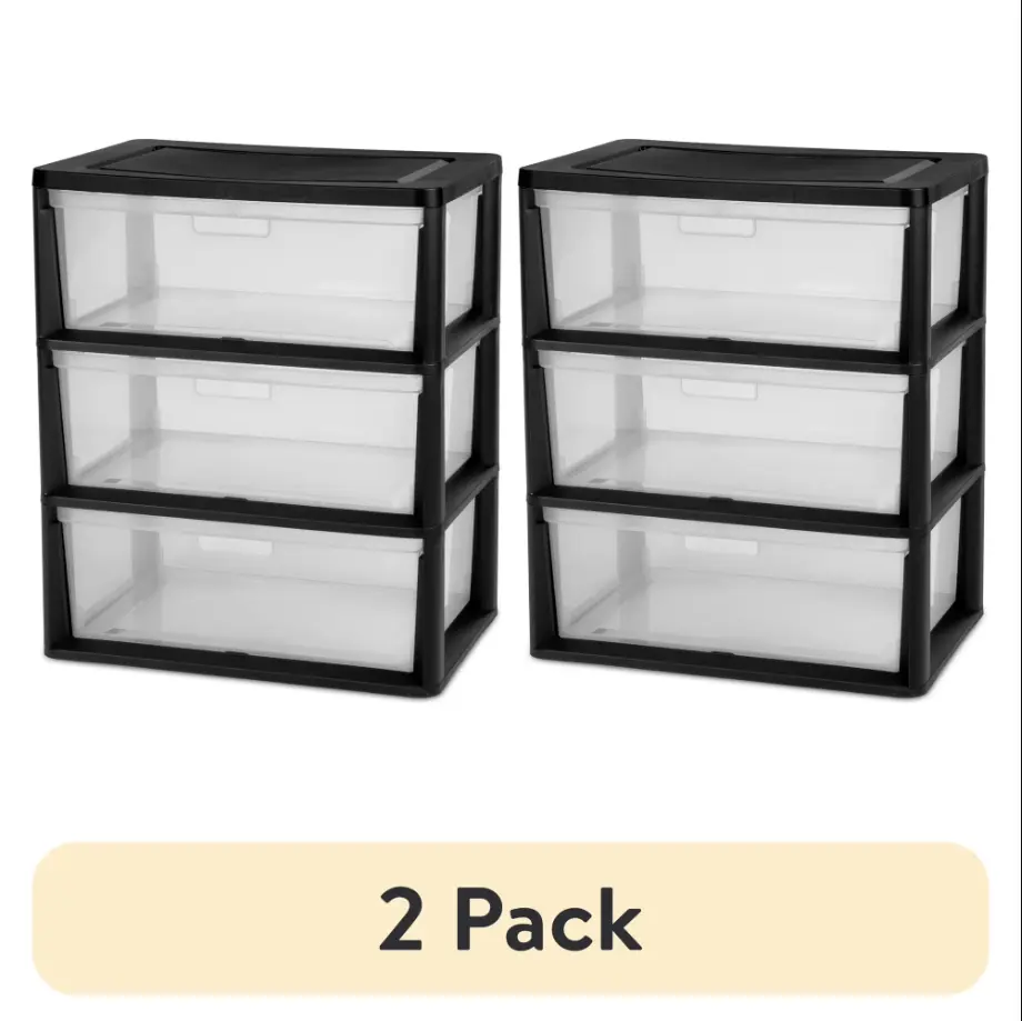 (2 pack) Sterilite Wide 3 Drawer Tower, Plastic Storage Organizer with Removable Clear Bins, Easy Assembly, No Tools Needed, Black