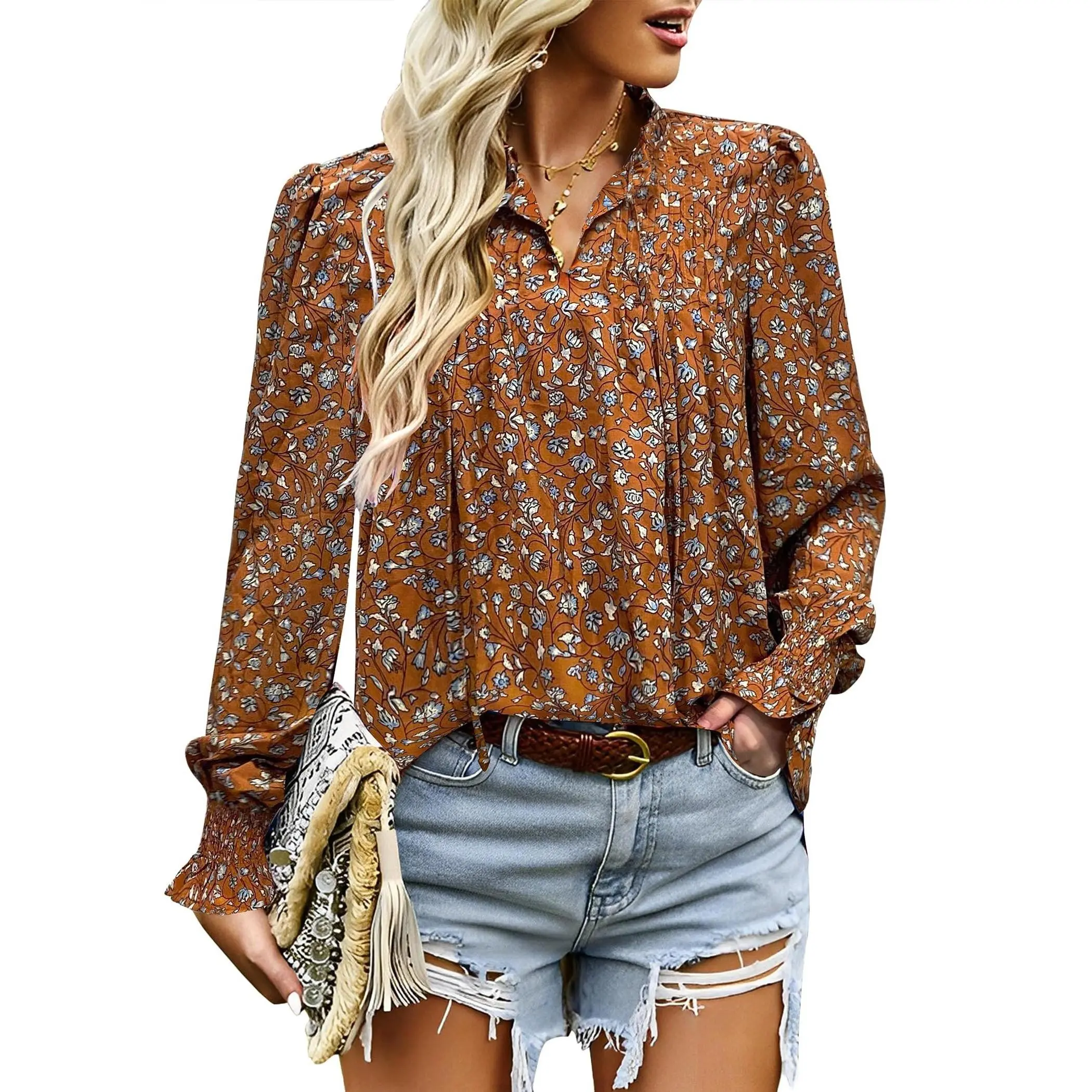 Women's Boho Bohemian V-Neck Long-Sleeve Blouses - Floral Printed, Pleated Drawstring Loose Peasant Shirts for Chic Elegant Casual Wear, Boho Bohemian Vneck, Boho Loose Blouse
