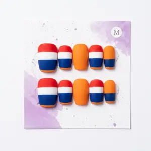 Handmade 10pcs Press-on Nails, Netherlands Team Colors Matte Orange & Blue, Reusable Long Coffin Soccer Athlete Series