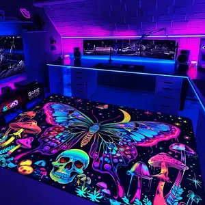 Butterfly & Mushroom & Skull Pattern Fluorescence Rug, 1 Count Soft Comfortable Area Carpet, Anti-fatigue Floor Carpet for Home Entrance Kitchen  Living Room