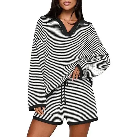 MEROKEETY Women's 2-Piece Lounge Sweater Set - Sporty-Chic Mix, Long-Sleeve Striped V-Neck Loose-Fit Top & Shorts, Colorblock Casual Home Outfits, Do Not Bleach