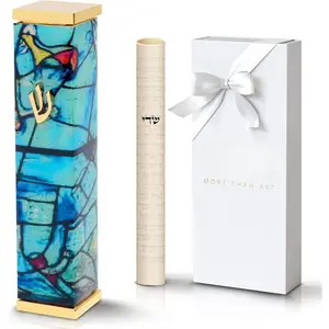 Mezuzah with Scroll for Door | 6 Inch Modern  Mezuzah Case | Fits 5 Inch Scroll |  &  Chagall-Inspired Design | Self Adhesive Easy Install | Judaica Jewish