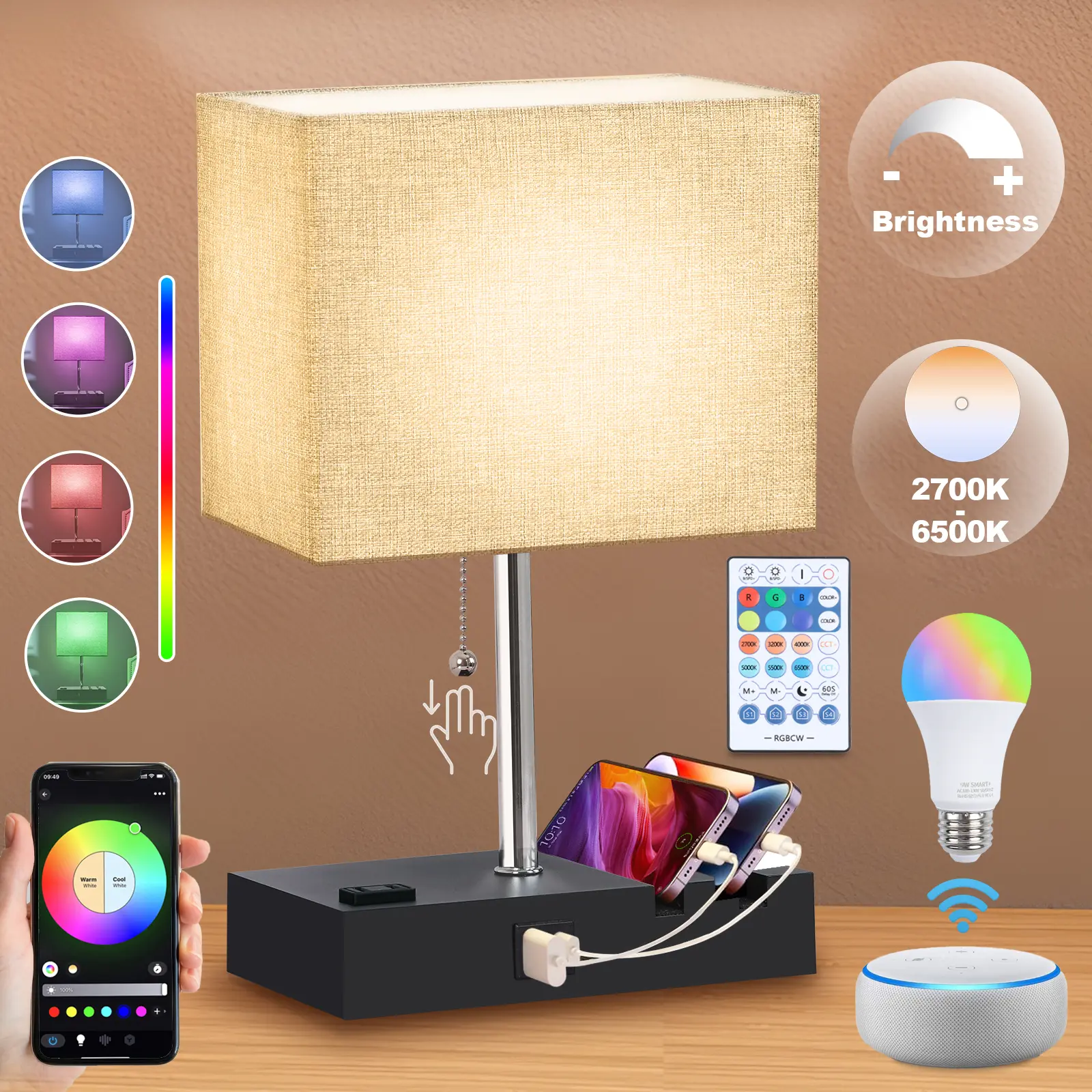 RGB Smart Table Lamp with Remote Control, Alexa Lamp for Bedroom with Voice & APP Control & Music Sync, Dimmable Nightstand Lamp with Charging Station for Living Room, Alexa Bulb Included