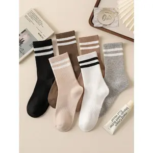 6 pairs of striped mid-calf socks, business casual style, elastic band, soft and comfortable, suitable for everyday wear