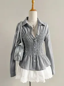 Women's Striped Shirt Blouse Long Sleeve Bubble Sleeves Ruched Irregular Waist Slim Fit Fitted Bodycon, Spring & Fall Casual Fashion Top