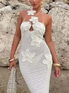 Women's Boho Floral Crochet Long Skirt, Sleeveless Solid Pattern, All Seasons, French Style, Hollow Out Design, Beach Cover-Up Dress