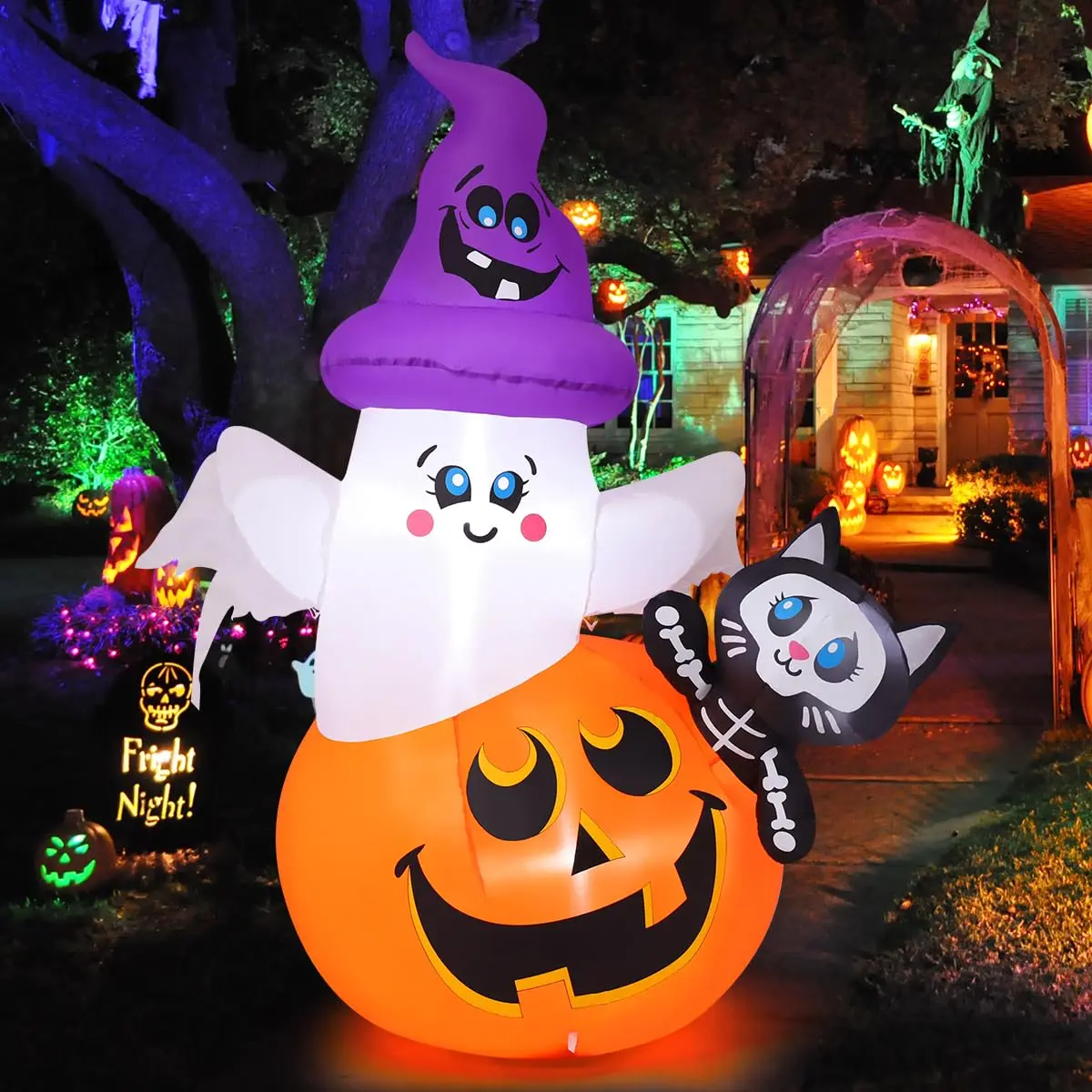 5 FT Halloween Inflatable Pumpkin Ghost Cat with Built in LED Lights, Blow Up Outdoor Yard Decoration for Lawn, Garden, Party and Haunted House