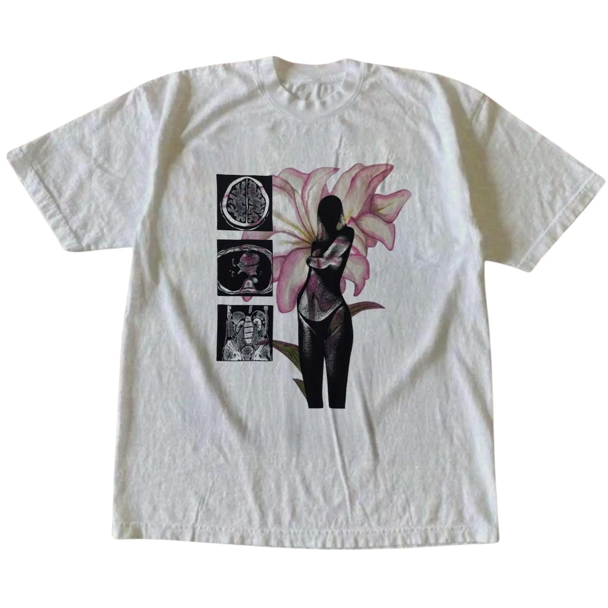 Cyber Y2K Anatomical Silhouette Pink Lily Graphic T-Shirt, Distressed Dark Aesthetic Body Anatomy Medical Scan Stencil Print, Alt Outfit, Unisex White Heavyweight Streetwear Tee