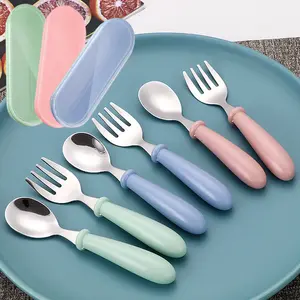 Set of 3 Mini Durable Stainless Steel Portable Cutlery Set, Feeding Cutlery, Pink, Blue & Green set, Includes Spoon and Fork, suitable for dining out and home use