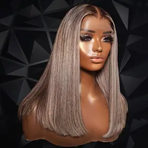 Ash Blonde Grey with Dark Roots Shot Straight Bob Lace Front Wigs For Women 13x4 Transparent Straight Wig 180% Density Human Hair Lace Frontal Wig